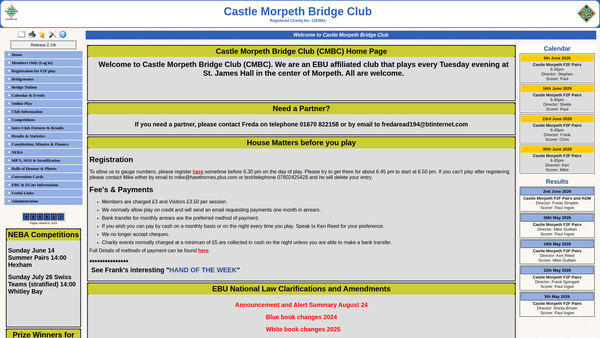 Screenshot of the Castle Morpeth Bridge Club website