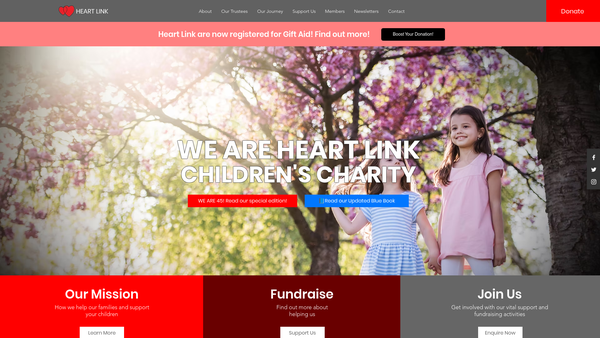 Screenshot of the Heart Link Children's Charity website