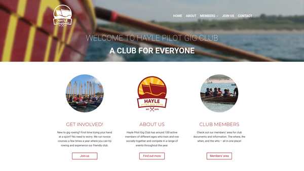 Screenshot of the Hayle Pilot Gig Rowing Club CIO website