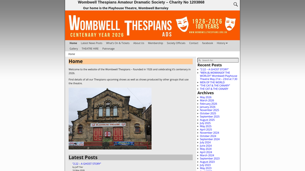 Screenshot of the Wombwell Thespians Amateur Dramatic Society website