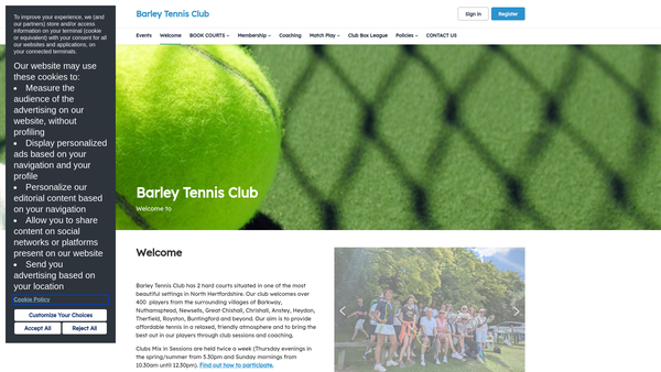Screenshot of the Barley Tennis Club CIO website
