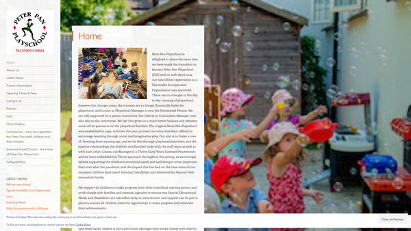 Screenshot of the Peter Pan Playschool (CIO) website