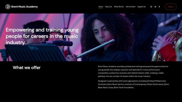 Screenshot of the Brent Music Academy website