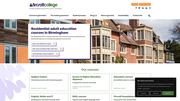 Screenshot of the Fircroft College Of Adult Education website