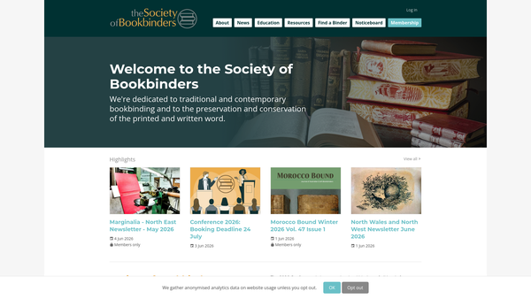 Screenshot of the Society Of Bookbinders website