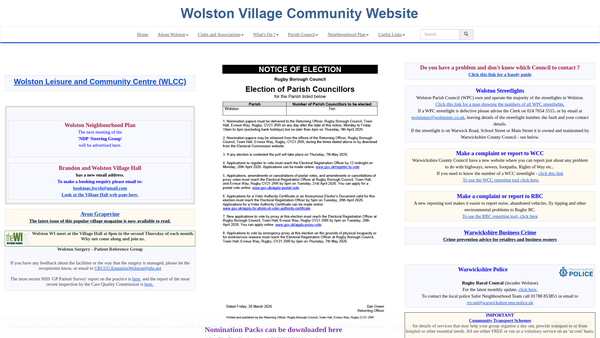 Screenshot of the Brandon & Wolston Village Hall website