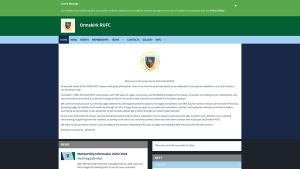 Screenshot of the Ormskirk Rugby Union Football Club Charitable Incorporated Organisation website