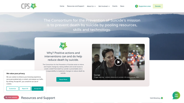Screenshot of the Consortium For The Prevention Of Suicide website