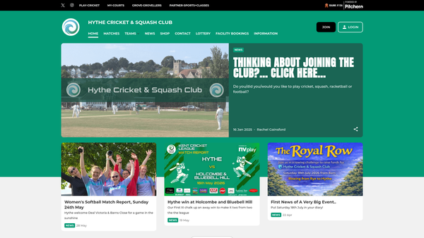 Screenshot of the Hythe Cricket & Squash Club website