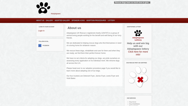 Screenshot of the Adoptapaws UK Rescue website