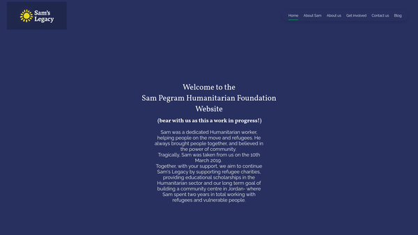 Screenshot of the The Sam Pegram Humanitarian Foundation website