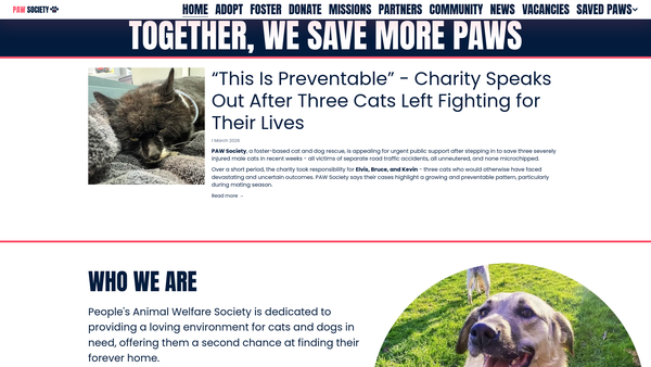 Screenshot of the People's Animal Welfare Society website