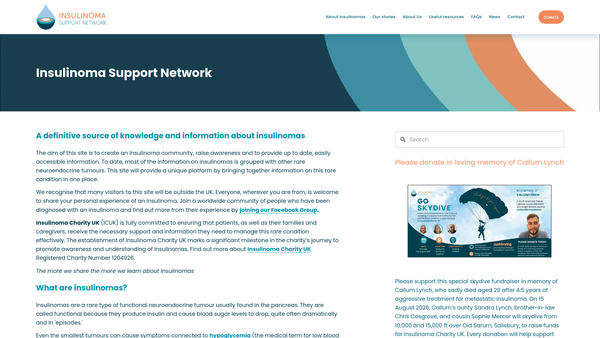 Screenshot of the Insulinoma Charity UK website