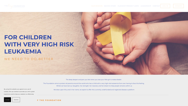 Screenshot of the The Kaiya Foundation For Children With Very High Risk Leukaemia website