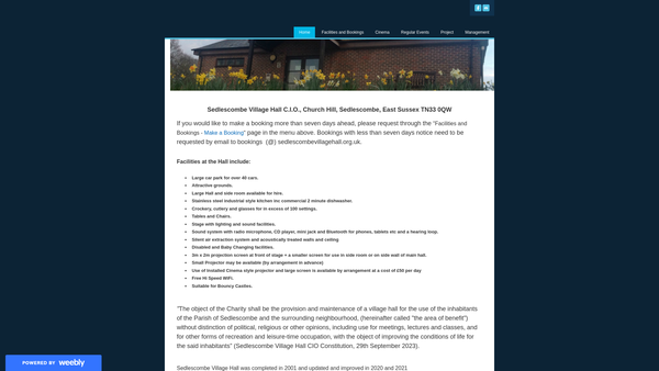 Screenshot of the Sedlescombe Village Hall CIO website