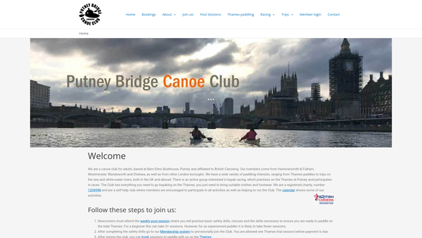 Screenshot of the Putney Bridge Canoe Club website