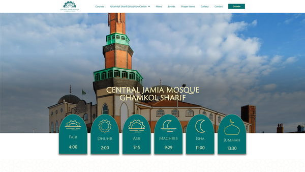 Screenshot of the Central Jamia Mosque Ghamkol Sharif website