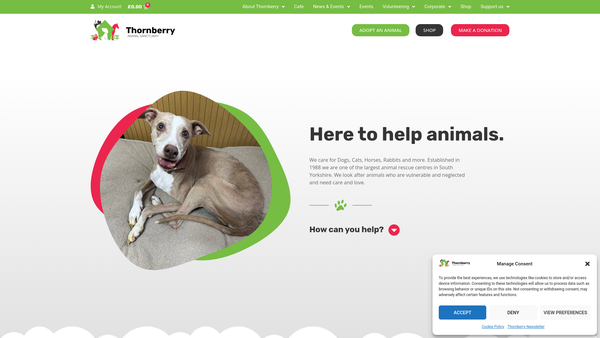 Screenshot of the Thornberry Animal Sanctuary website