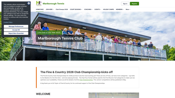 Screenshot of the Marlborough Tennis Club website