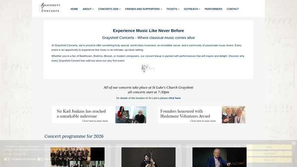 Screenshot of the Grayshott Concerts website
