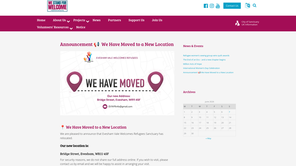 Screenshot of the Evesham Vale Welcomes Refugees website