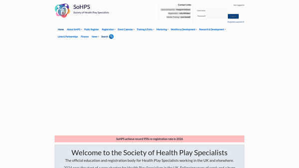 Screenshot of the The Society Of Health Play Specialists website