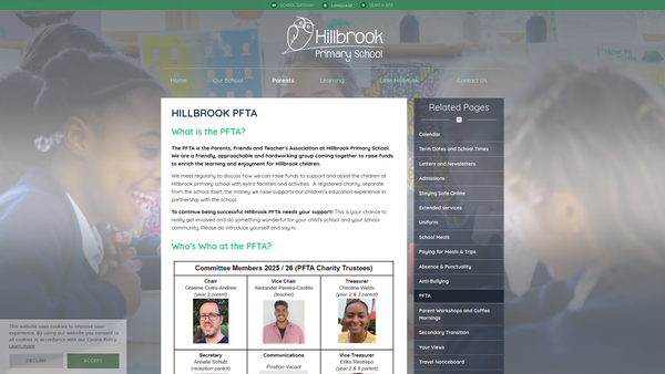 Screenshot of the Hillbrook Pfta / Hillbrook Parents, Friends And Teachers Association website