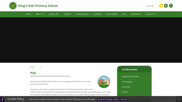 Screenshot of the Kings Oak Primary School Parent Staff Association website