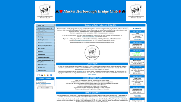 Screenshot of the Market Harborough Bridge Club website