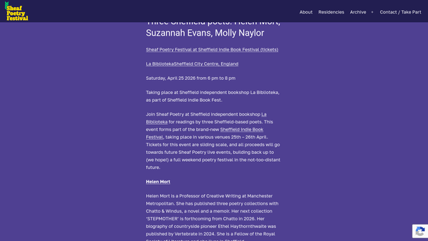 Screenshot of the Sheaf Poetry Festival website