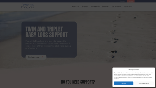 Screenshot of the Footprints Baby Loss Twin & Triplet Support website