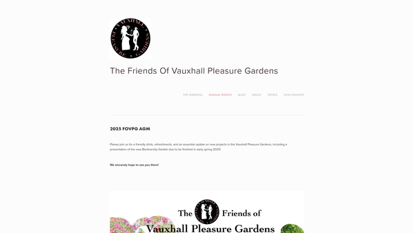 Screenshot of the Friends Of Vauxhall Pleasure Gardens CIO website