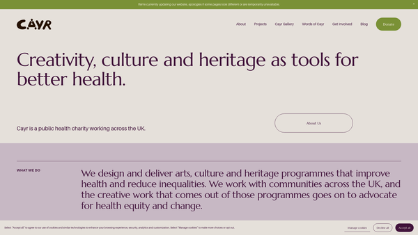Screenshot of the Cayr Charity website