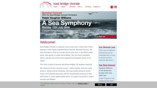 Screenshot of the East Bridge Chorale website