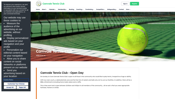 Screenshot of the Camvale Tennis Club website