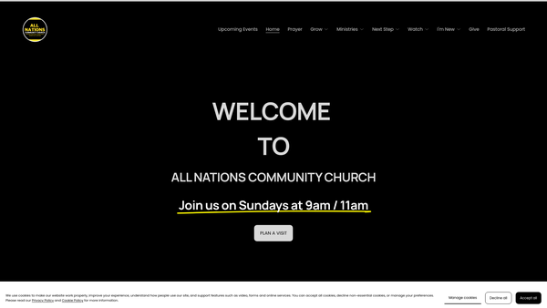 Screenshot of the All Nations Community Church website