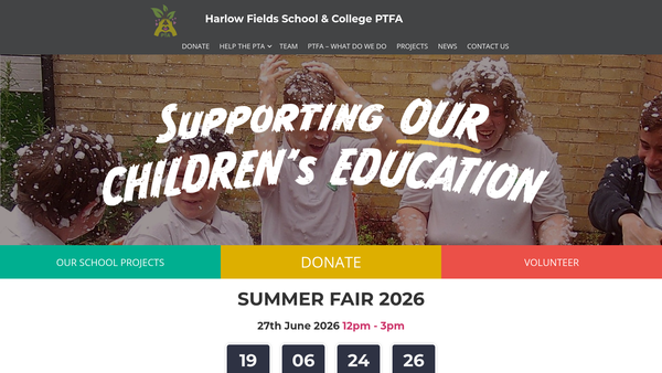 Screenshot of the Harlow Fields School & College PTA website