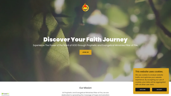 Screenshot of the Prophetic & Evangelical Ministries Pillar Of Fire website