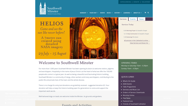 Screenshot of the Southwell Cathedral website