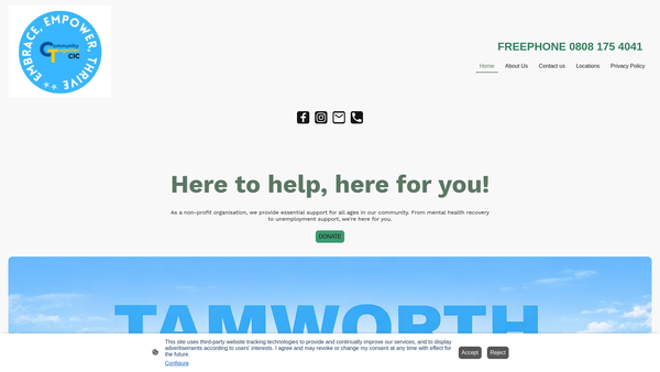 Screenshot of the Tamworth & Surrounding Areas Helping Hand Charity website