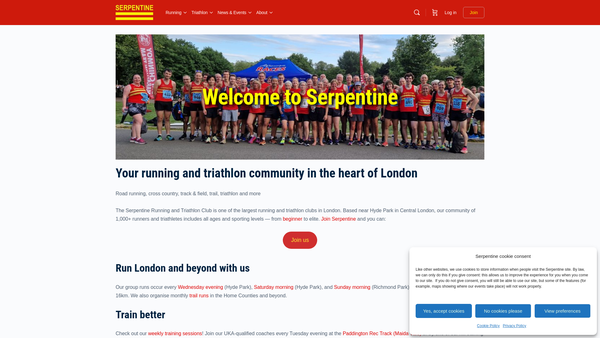 Screenshot of the Serpentine Running And Triathlon Club website