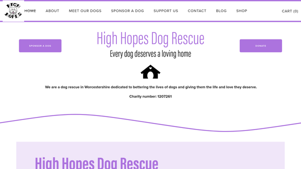 Screenshot of the High Hopes Dog Rescue website