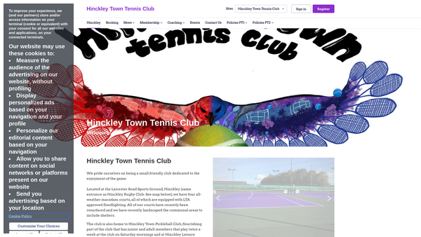 Screenshot of the Hinckley Town Tennis Club website