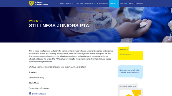 Screenshot of the Stillness Juniors PTA website
