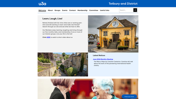 Screenshot of the Tetbury & District University Of The Third Age (U3A) website