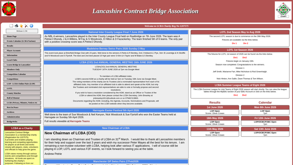 Screenshot of the Lancashire Contract Bridge Association website