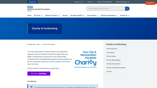 Screenshot of the Sandwell And West Birmingham Healthcare And Hospitals Charity website