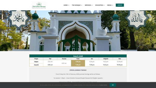Screenshot of the Shah Jahan Mosque Woking website