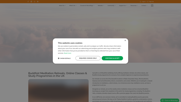 Screenshot of the Samadhi Retreat Centre website
