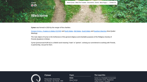 Screenshot of the The Religious Society Of Friends (Quakers) In Wales And The Marches - Cymdeithas Grefyddol Y Cyfeillion (Crynwyr) Yng Nghymru A’r Gororau CIO website